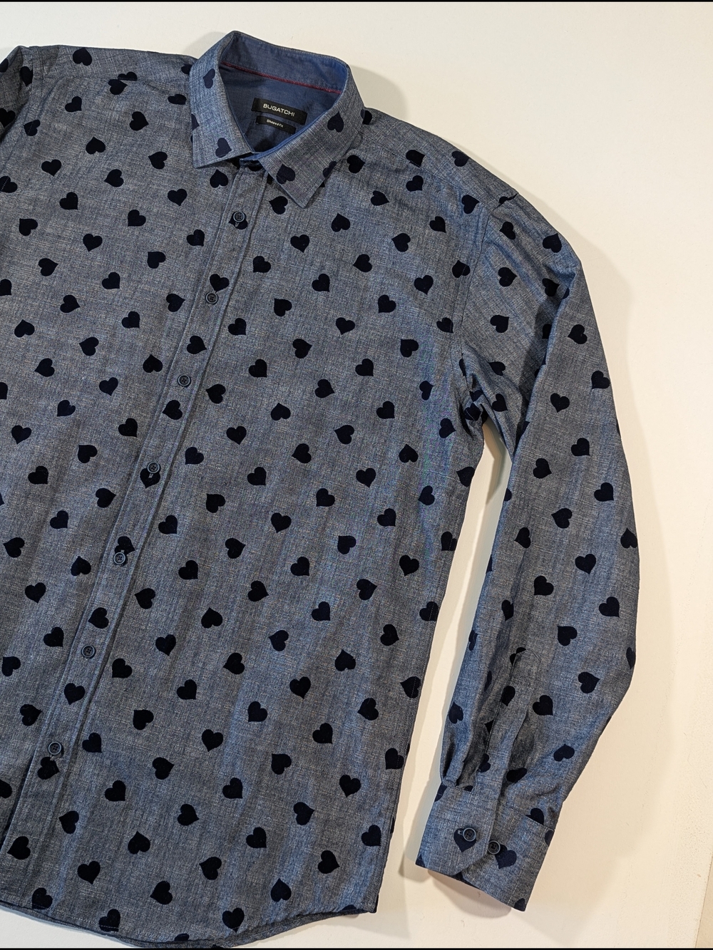 Bugatchi Button Front Shirt Long Sleeve Blue Navy Hearts 100% Cotton Chambray